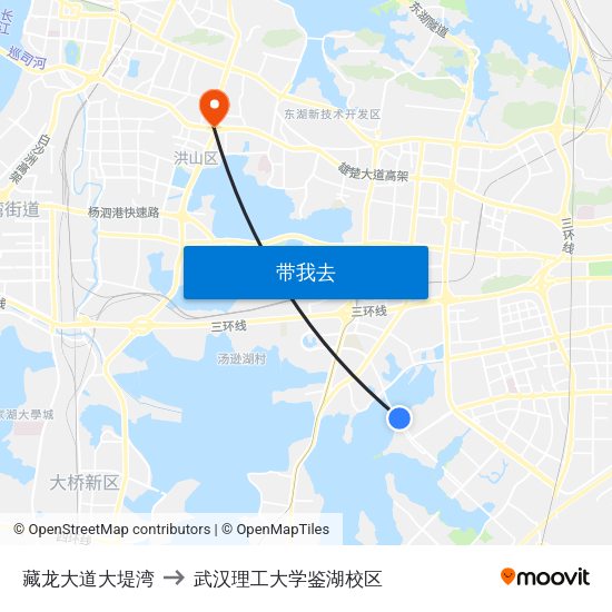 藏龙大道大堤湾 to 武汉理工大学鉴湖校区 map