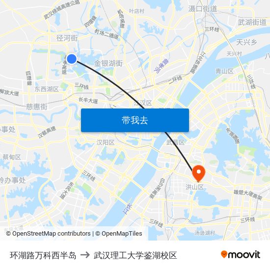 环湖路万科西半岛 to 武汉理工大学鉴湖校区 map