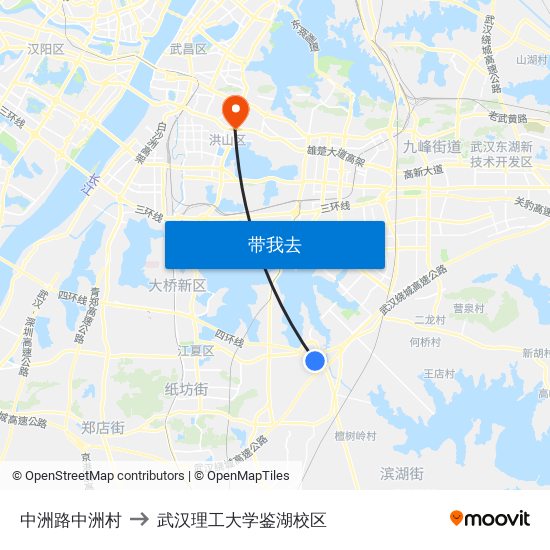 中洲路中洲村 to 武汉理工大学鉴湖校区 map