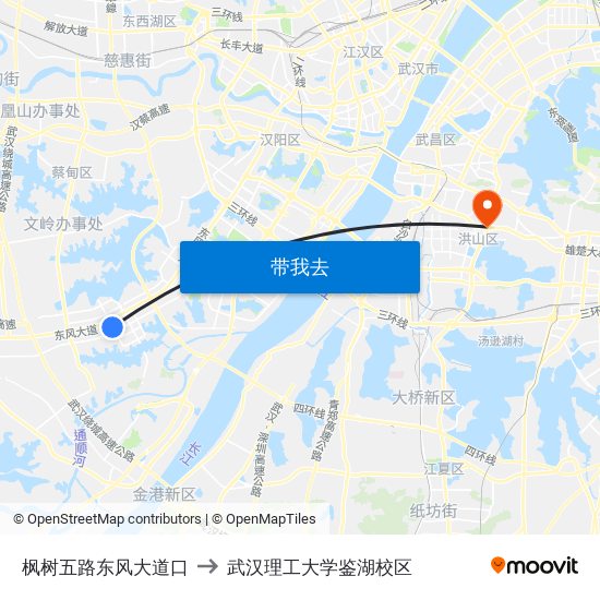 枫树五路东风大道口 to 武汉理工大学鉴湖校区 map