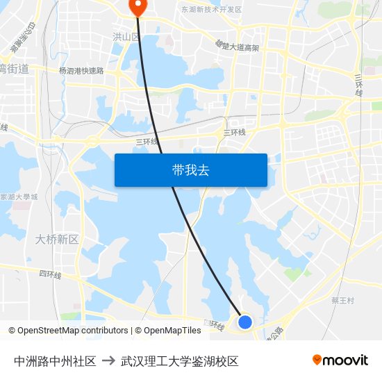 中洲路中州社区 to 武汉理工大学鉴湖校区 map