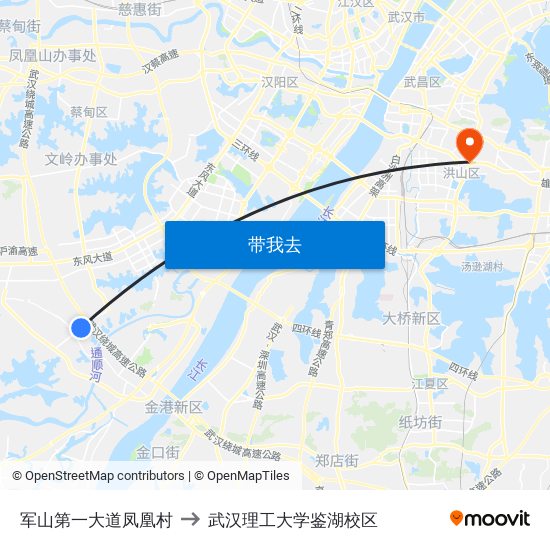 军山第一大道凤凰村 to 武汉理工大学鉴湖校区 map