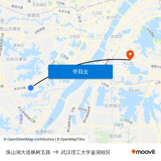 珠山湖大道枫树五路 to 武汉理工大学鉴湖校区 map