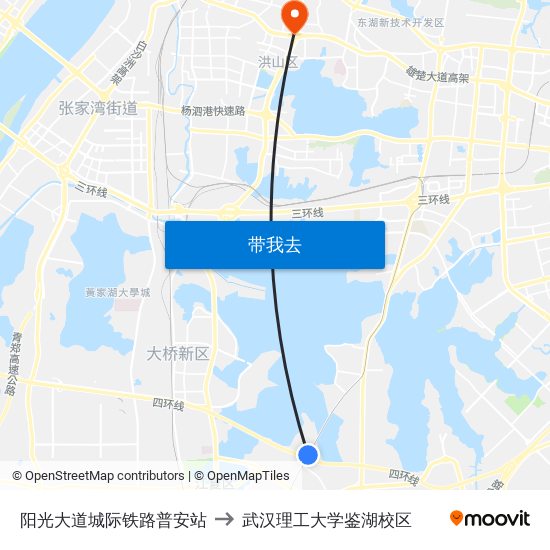 阳光大道城际铁路普安站 to 武汉理工大学鉴湖校区 map