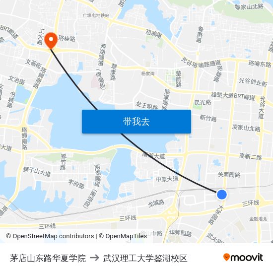 茅店山东路华夏学院 to 武汉理工大学鉴湖校区 map