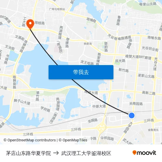 茅店山东路华夏学院 to 武汉理工大学鉴湖校区 map