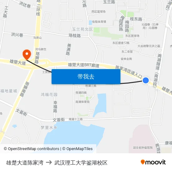 雄楚大道陈家湾 to 武汉理工大学鉴湖校区 map