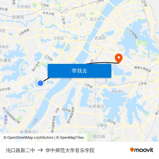 沌口路新二中 to 华中师范大学音乐学院 map