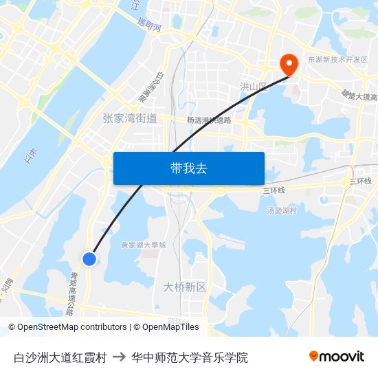 白沙洲大道红霞村 to 华中师范大学音乐学院 map