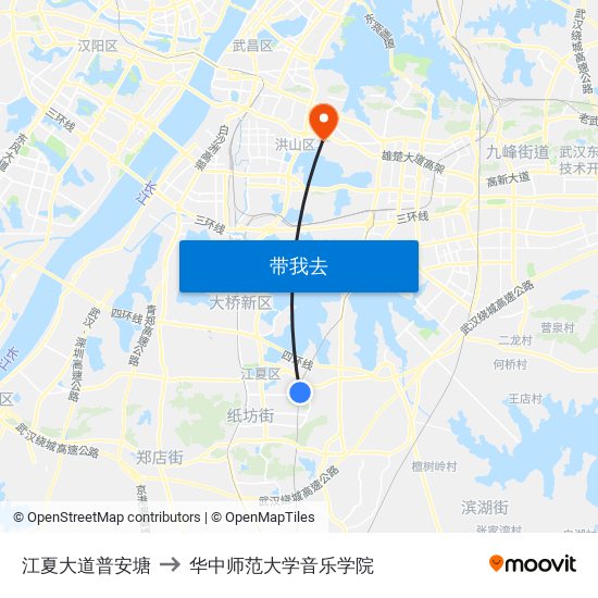 江夏大道普安塘 to 华中师范大学音乐学院 map