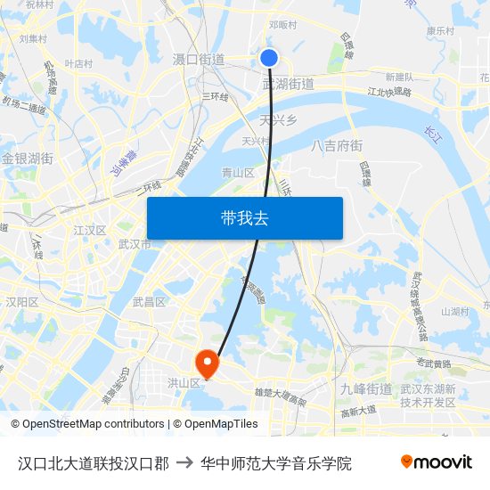 汉口北大道联投汉口郡 to 华中师范大学音乐学院 map