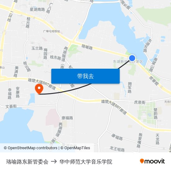 珞喻路东新管委会 to 华中师范大学音乐学院 map