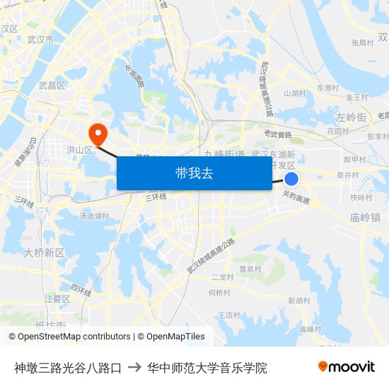 神墩三路光谷八路口 to 华中师范大学音乐学院 map