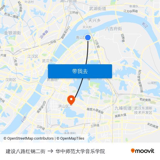 建设八路红钢二街 to 华中师范大学音乐学院 map