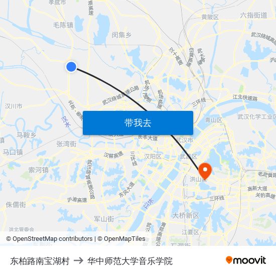 东柏路南宝湖村 to 华中师范大学音乐学院 map