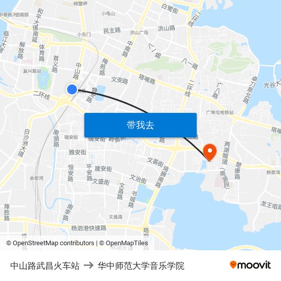 中山路武昌火车站 to 华中师范大学音乐学院 map