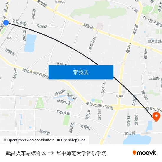 武昌火车站综合体 to 华中师范大学音乐学院 map