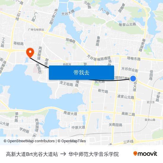 高新大道Brt光谷大道站 to 华中师范大学音乐学院 map