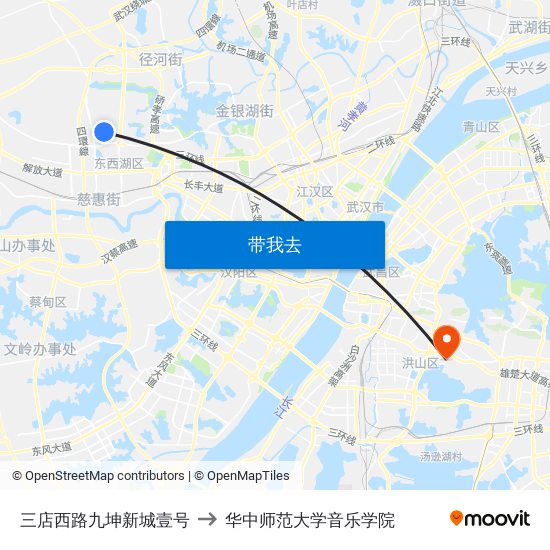 三店西路九坤新城壹号 to 华中师范大学音乐学院 map