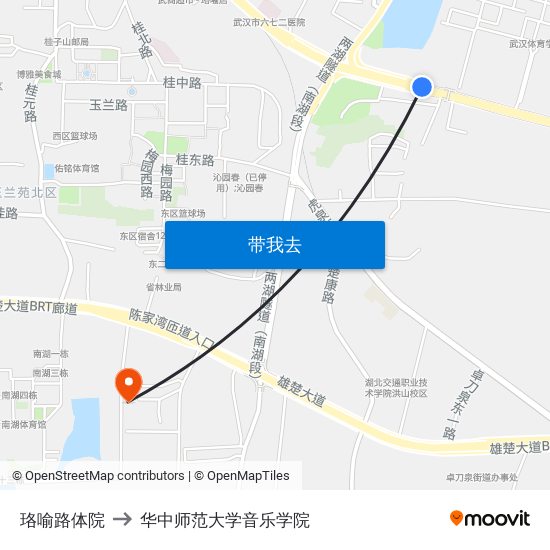 珞喻路体院 to 华中师范大学音乐学院 map