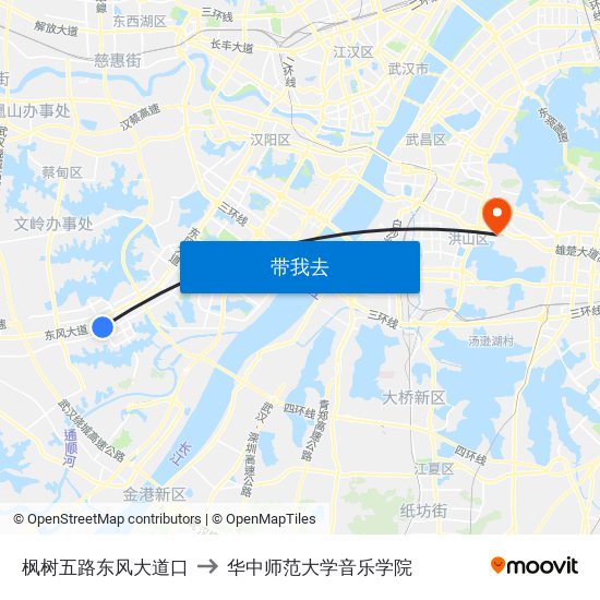 枫树五路东风大道口 to 华中师范大学音乐学院 map