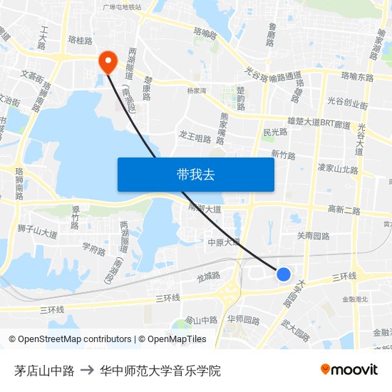 茅店山中路 to 华中师范大学音乐学院 map