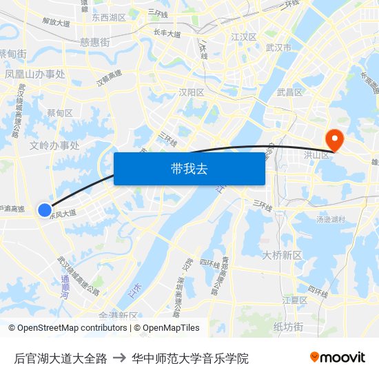 后官湖大道大全路 to 华中师范大学音乐学院 map