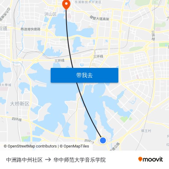 中洲路中州社区 to 华中师范大学音乐学院 map