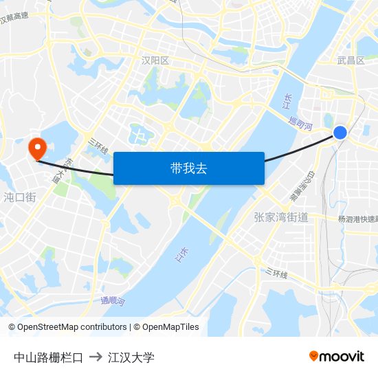 中山路栅栏口 to 江汉大学 map