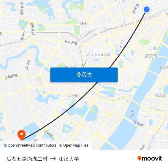 后湖五路淌湖二村 to 江汉大学 map