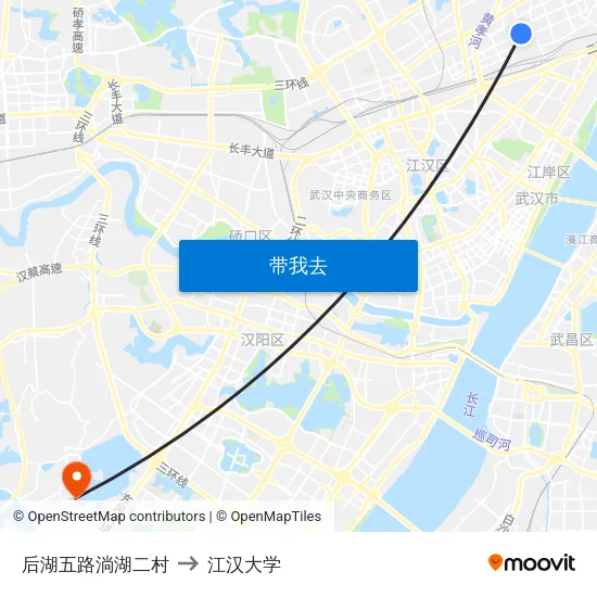 后湖五路淌湖二村 to 江汉大学 map