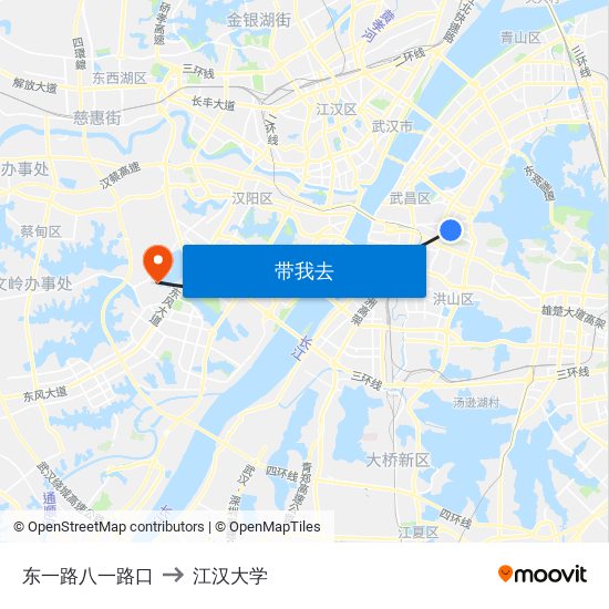 东一路八一路口 to 江汉大学 map