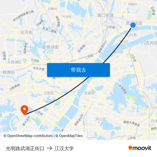 光明路武湖正街口 to 江汉大学 map