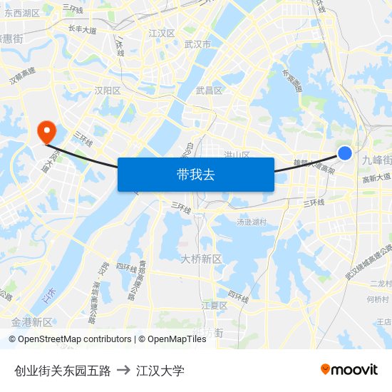 创业街关东园五路 to 江汉大学 map