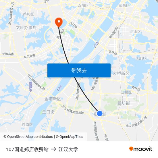 107国道郑店收费站 to 江汉大学 map