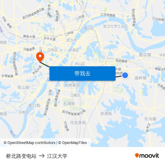 桥北路变电站 to 江汉大学 map