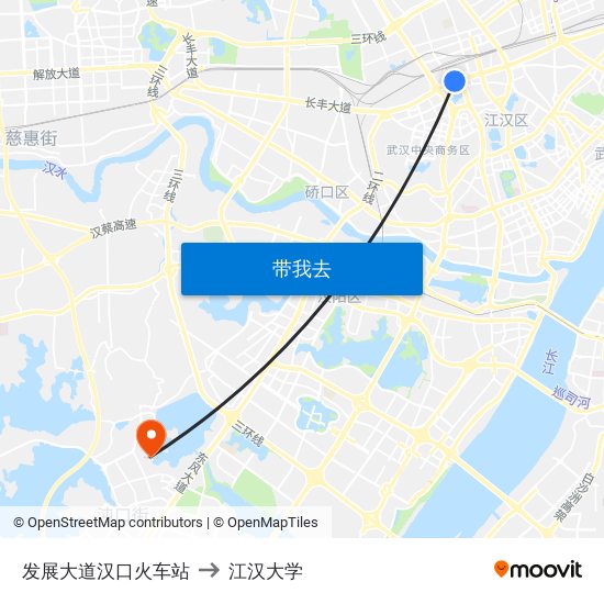 发展大道汉口火车站 to 江汉大学 map