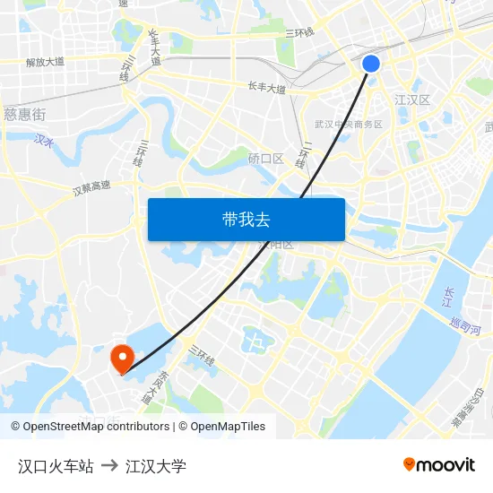 汉口火车站 to 江汉大学 map