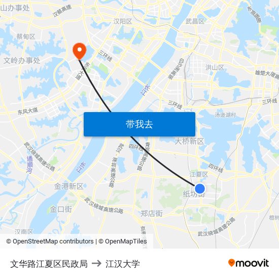 文华路江夏区民政局 to 江汉大学 map
