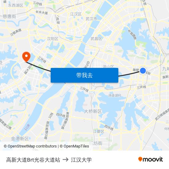 高新大道Brt光谷大道站 to 江汉大学 map