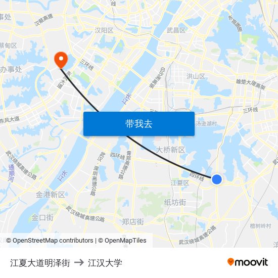 江夏大道明泽街 to 江汉大学 map