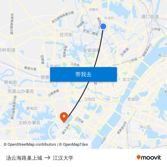 汤云海路巢上城 to 江汉大学 map