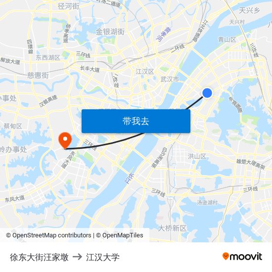 徐东大街汪家墩 to 江汉大学 map