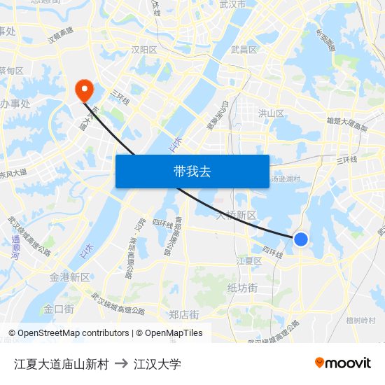 江夏大道庙山新村 to 江汉大学 map