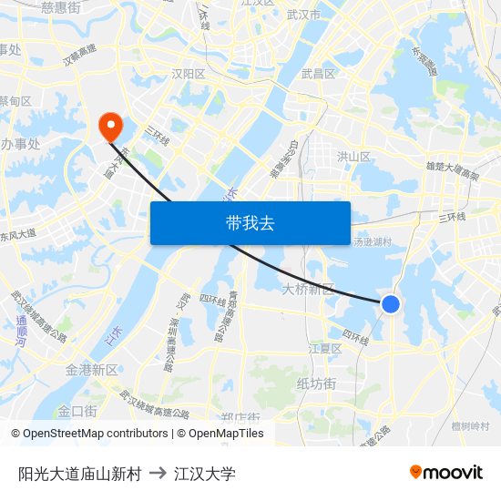 阳光大道庙山新村 to 江汉大学 map