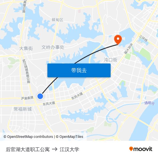 后官湖大道职工公寓 to 江汉大学 map