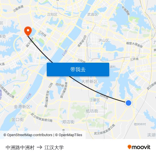 中洲路中洲村 to 江汉大学 map