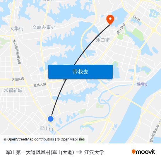 军山第一大道凤凰村(军山大道) to 江汉大学 map