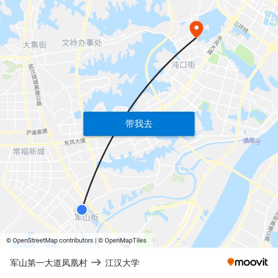 军山第一大道凤凰村 to 江汉大学 map