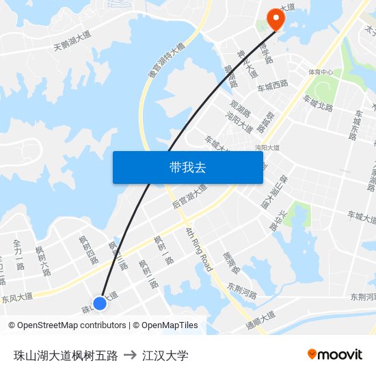 珠山湖大道枫树五路 to 江汉大学 map